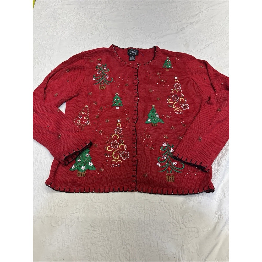Vtg Designers Originals Studio Joy Cardigan Women M Red Christmas Tree Sweater
